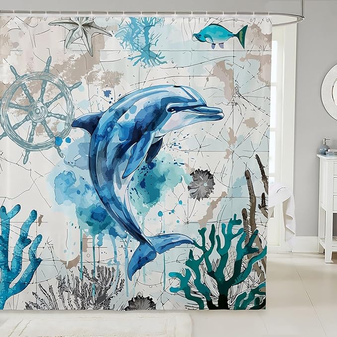 Feelyou Dolphin Fabric Shower Curtain Ocean Shower Curtain for Kids Boys Girls Sea World Bathroom Waterproof Accessories with 12 Hooks Underwater Sea Animal Curtains,72x78 Inches