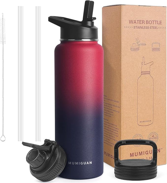 40oz Insulated Water Bottle with 3 Lids(Straw, Hand and Spout Lid), Double Vacuum Stainless Steel Metal Water Flask(BPA-free, CPC) for Sports, Camping, Hiking, Cycling, Fitness and more(Dark Rainbow)