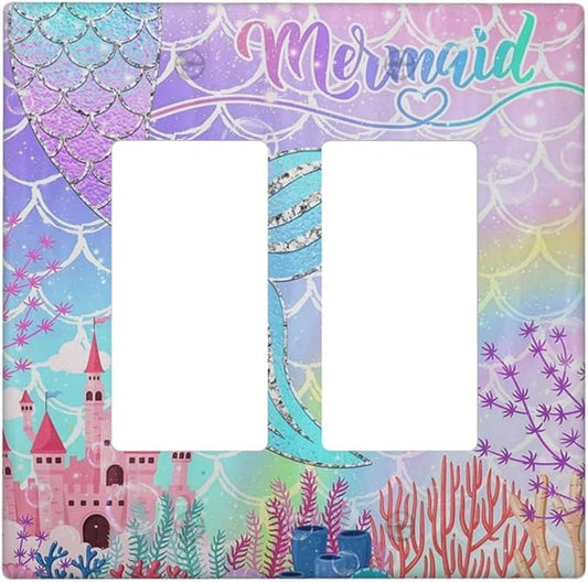 Silvery Glitter Cute Mermaid Tail Fantasy Castle 2 Gang Rocker Decora Light Switch Covers Dual Outlet Covers Wall Plate Decorative Switchplate Electrical Faceplate GFCI for Kidroom Nursery Bedroom