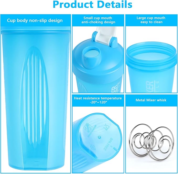 Shaker Bottle,600ml Classical Protein Shaker Cup with Mixing Ball for Smooth blending, Leak-Proof GYM Workout Water Bottles for protein& Smoothie Shake,Bpa Free (20oz / Blue)