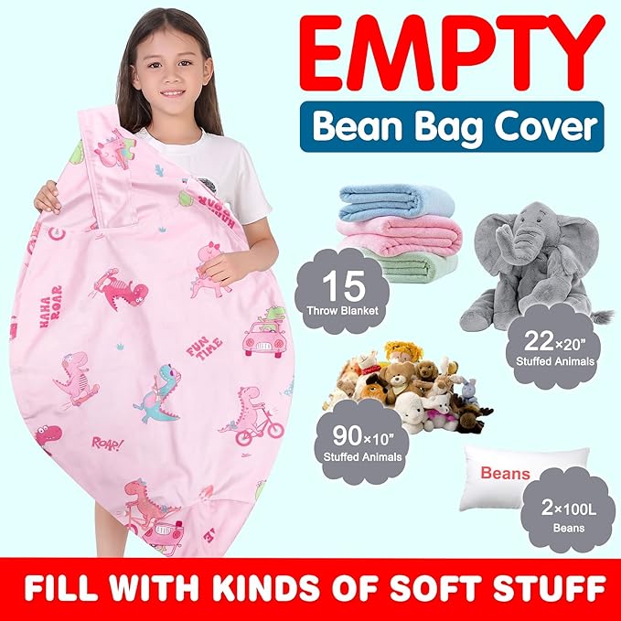 Lukeight Stuffed Animal Storage Bean Bag Chair Cover for Kids, Dinosaur Zipper Beanbag Chair Cover for Organizing Toddler and Kids' Rooms Plush Toys (Dino Pink, X-Large)