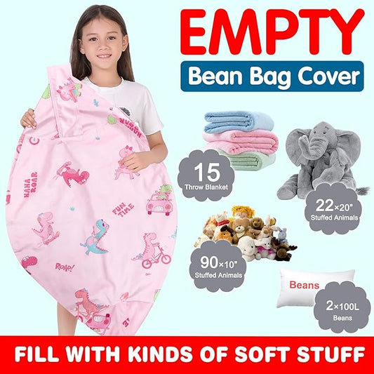 Lukeight Stuffed Animal Storage Bean Bag Chair Cover for Kids, Dinosaur Zipper Beanbag Chair Cover for Organizing Toddler and Kids' Rooms Plush Toys (Dino Pink, X-Large)