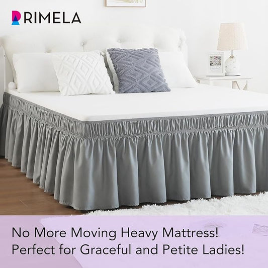 RIMELA Bed Skirt King Size Light Grey Bed Skirt 12 Inch Drop, Wrap Around Elastic Adjustable Bedskirt, Dust Ruffle for Bed Frame & Box Spring Soft Durable Fabric Machine Washable Easy to Install