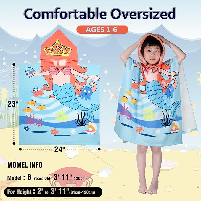 Hooded Kids Beach Towels - Toddler Bath Towel Girls Boys Swim Cover-ups for Ages 1 to 6 Kids Pool Towels Quick Dry Lightweight Soft Microfiber Poncho Towel 24x23(Mermaid Crown)
