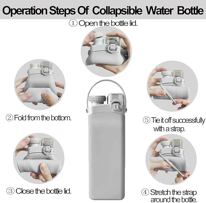 THAIOXYH® Collapsible Water Bottle 20 oz(600ml) Silicone BPA Free Reuseable Lightweight Foldable Water Bottles for Traveling Running Hiking Camping Sports (Grey)