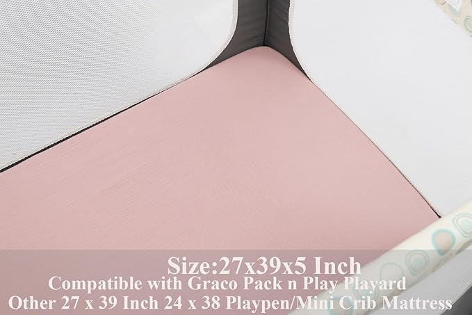 Muslin Pack and Play Sheets Fitted Compatible with Graco Pack n Play Playard Crib and Other 27 x 39 Inch 24 x 38 Playpen/Mini Crib Mattress Soft 100% Cotton Beige & Blush