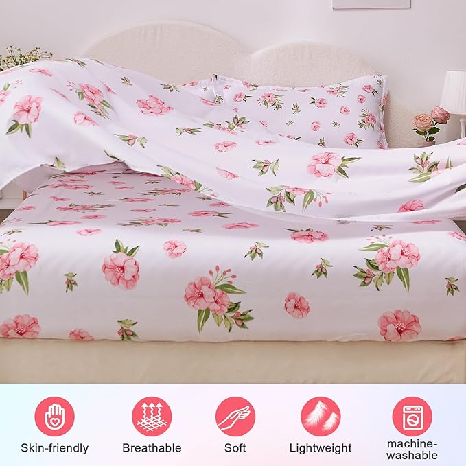 Twin Sheets Set White Pink Floral Bed Sheets Set Girls Cute Microfiber Cooling Sheets 3 Pieces Kids Twin Size Bed Set Wrinkle Free, 15 inch Deep Pocket Fitted Sheet, Flat Sheet, Pillowcase