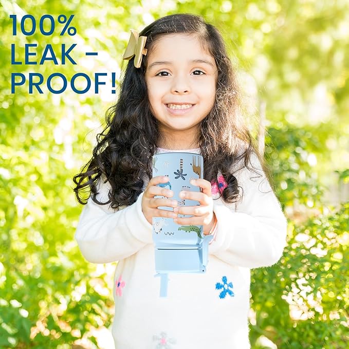 Water Bottle 14 Oz, Triple Walled Insulated Stainless Steel Odor & Strain Resistant Reusable Bottle, 1 straw Lid, Leakproof, Metal Mug Gallon, BPA Free, Blue Zoo