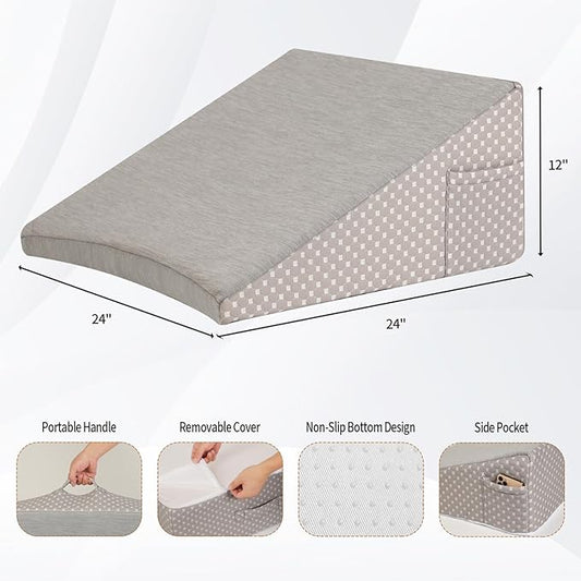 Wedge Pillow for Sleeping, 12 Inch Cooling Triangle Bed Pillow with Removable Cover, Elevated Body Pillow Wedge for Back Support, After Leg Surgery, Snoring, Acid Reflux, Grey
