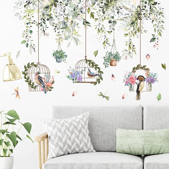 Vine Bird Wall Decals Green Plant Birdcage Wall Stickers Birds and Hanging Birdcage Wall Decor for Kids Girls Baby Boys Bedroom Living Room Bathroom Playroom Classroom Nursery Decoration