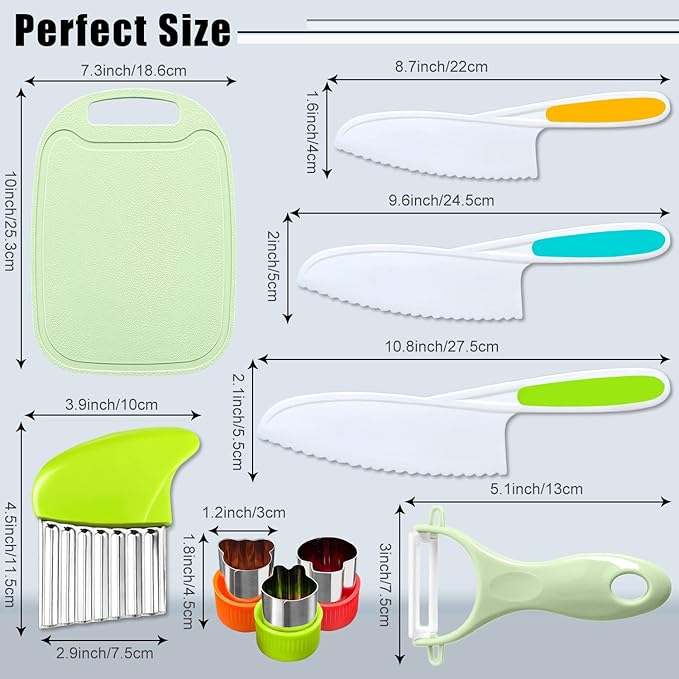 9 Pcs Kids Kitchen Knife Set, Kids Knives For Real Cooking With Cutting Board, Y Peeler, Crinkle Cutter, Sandwich Cutter, Serrated Edges Plastic Toddler Knife Kid Safe Knives