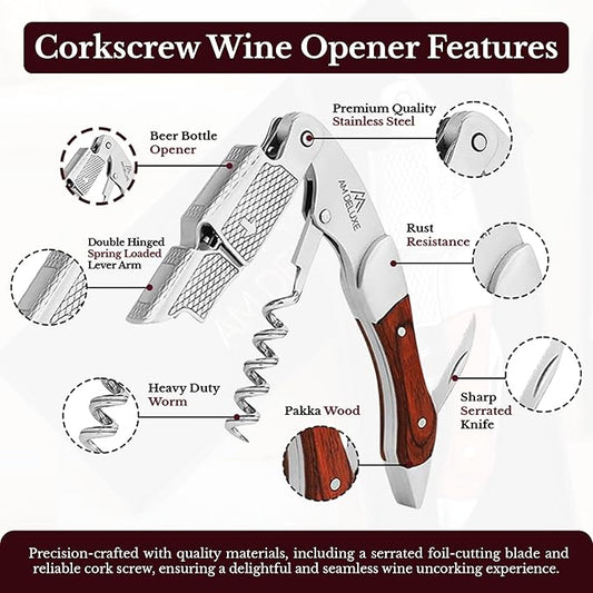 Premium AM DELUXE Waiter Corkscrew Wine Opener - Wine Key For Servers, Bartenders, Heavy Duty Stainless Steel & Pakka Wood Inlay, Serrated Foil Cutter, Cork Screw Wine Bottle Opener, Magnetic Gift Box