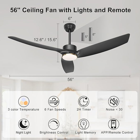 Ohniyou 56 Inch Black Ceiling Fan with Lights, Modern 3 Blades Ceiling Fan with Remote/APP Control, Reversible DC Motor, Dimmable 3 CCT, Indoor Outdoor Ceiling Fan for Covered Patios Living Room