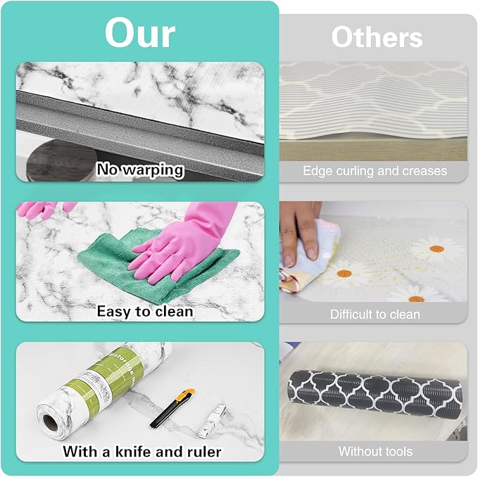 Shelf and Drawer Liner for Kitchen Cabinet-12 in x 30 FT Non-Adhesive Cabinet Liners for Shelves Non-Slip Waterproof Kitchen Drawer Liners Contact Paper Shelf Paper with Knife and Tape Measure