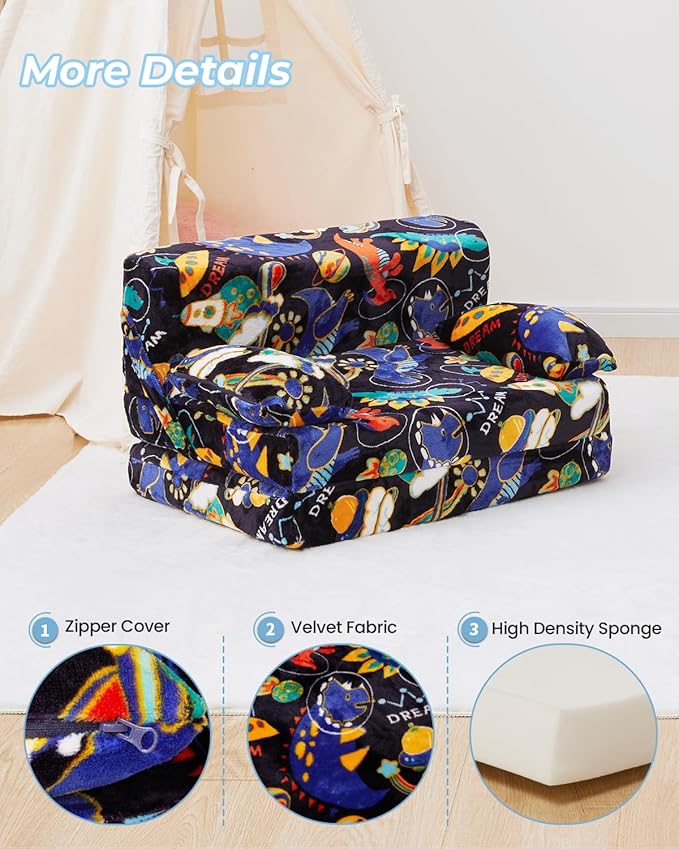 Weighted Idea 2-in-1 Kids Sofa Couch Fold Out for Girls and Boys, Folding Toddler Chairs Comfy Children Couch Baby Recliner, Convertible Sofa to Lounger(Blue Dinosaur, 23.5x18x16 inches)