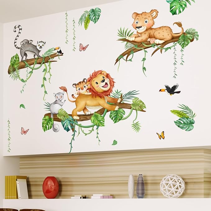 Cartoon Animal Wall Stickers - Fun Lion and Tropical Plant Design, 2 Sets of 3 Stickers Each