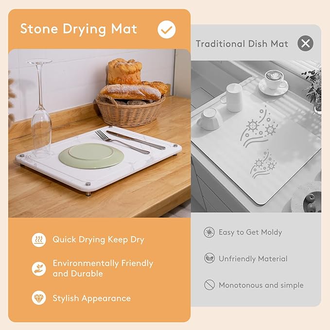 Stone Drying Mat for Kitchen Counter 15.7"x11.8" Marble White, Quick Dry Stone Dish Drying Mat with Legs, Drying Stone for Kitchen Counter Fits Various Dish Racks, Zero Rust Dish Drying Stone