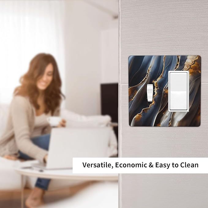 Gradient Abstract Ripple Blue Gold Marble Printed 2 Gang Single Toggle Rocker Combination Light Switch Covers Wall Plate Cover Electrical Faceplate Decorative Switchplate for Kitchen Bathroom Decor