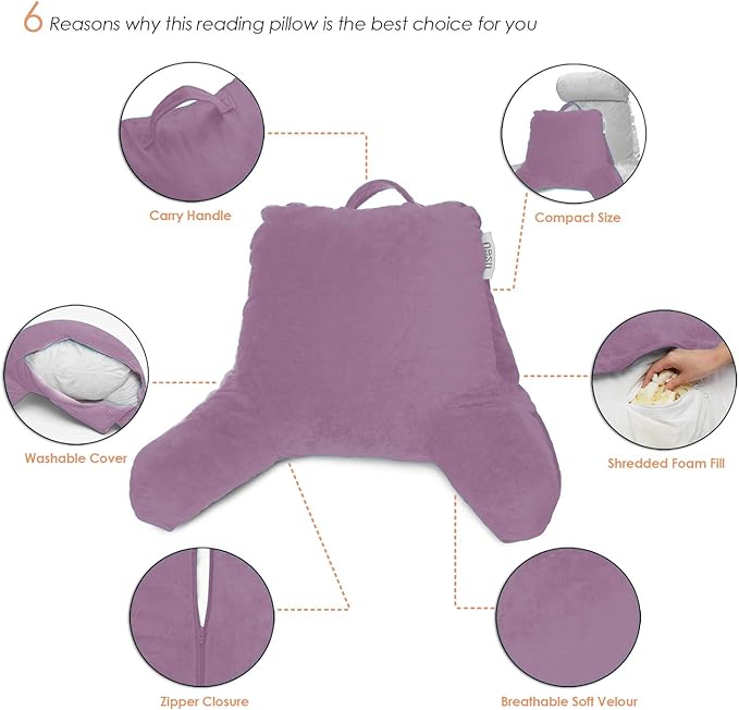 Nestl Reading Pillow for Kids, Small Bed Pillow, Back Pillow for Sitting in Bed, Memory Foam Chair Pillow, Reading & Bed Rest Pillows, Lavender Dream Back Pillow for Bed, Arm Pillow with Pockets