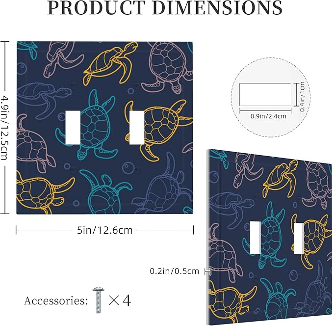 Cartoon Turtles Double Toggle Light Switch Covers 2 Gang Wall Plate Dual Decorative Switchplate Electrical Faceplate for Bathroom Country Kitchen Bedroom Decor, 4.9" x 5"