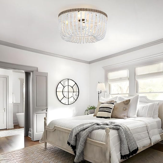 Boho Wood Beads Ceiling Fan with Light & Remote, 18" Coastal Fandelier Ceiling Fan with Light,Flush Mount Caged Ceiling Fan with 6 Speeds, Bohemian Fandelier Chandelier Fan for Bedroom/Kitchen/Nursery