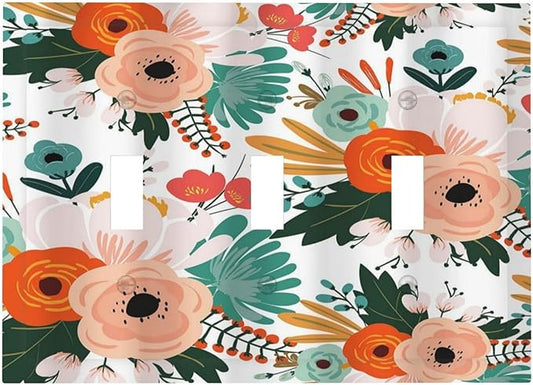 Rustic Floral Boho Colorful Flower 3 Gang Light Switch Covers Triple Toggle Wall Plate Decorative Switchplate Electrical Faceplate for Farmhouse Bathroom Bedroom Kitchen Decor