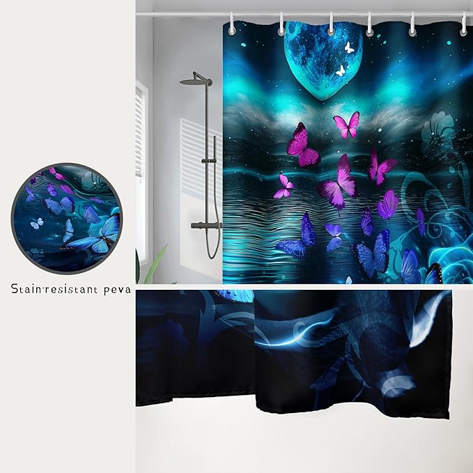 AILONEN Flying Butterfly Shower Curtain for Girls Women,Blue Sky Starry Ocean Sea Rose Bath Curtain 72" W*78" H Polyester Fabric Waterproof Bathroom Curtain with 12 Hooks