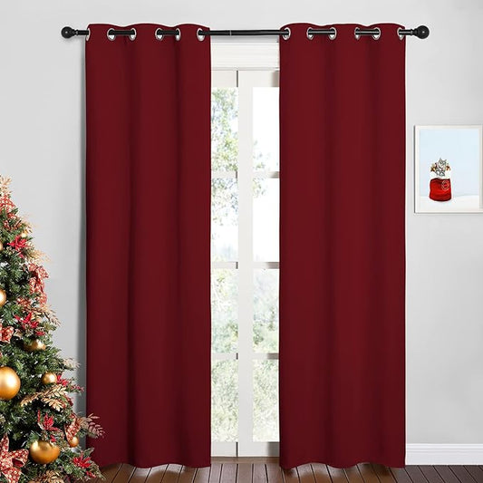 NICETOWN Christmas Burgundy Bedroom Curtains Blackout Draperies, Christmas Decorations Thermal Insulated Solid Grommet Top Blackout Drapes for Cafe (One Pair, 34 x 84-inch)