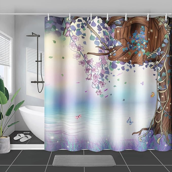 AILONEN Purple Tree Leaves Shower Curtain,Botanical Floral Plants Vine Shower Curtain,Butterfly Floral Shower Curtain for Bathroom Decor Polyester Waterproof with Grommets and Hooks 60" W*72" H