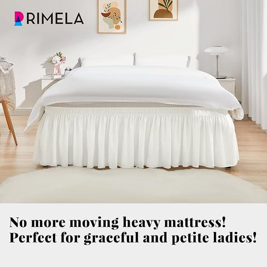RIMELA Ivory Bed Skirt Queen Size 12 Inch Drop, Wrap Around Elastic Adjustable Bedskirt, Bed skirting Dust Ruffle for Bed Frame & Box Spring Soft Durable Fabric Machine Washable Easy to Install