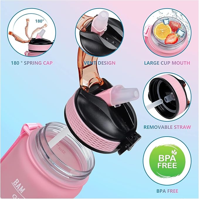 Mom 32 oz Water Bottle with Times Marker to Drink and Straw, Carrying Strap, Leakproof Tritan BPA-Free, Ensure You Drink Enough Water for Fitness, Gym, Camping, Outdoor Sports
