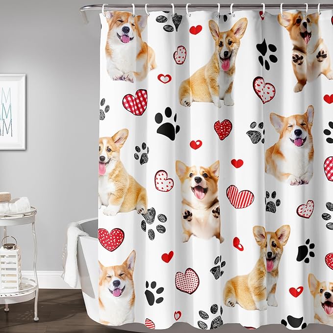 AILONEN Puppy Dog Shower Curtain for Bathroom,Cute Corgi Waterproof Bath Curtain,Pet Dog Kids Girls Dog Lover Curtain with 12 Plastic Hooks(36" W*72" H)