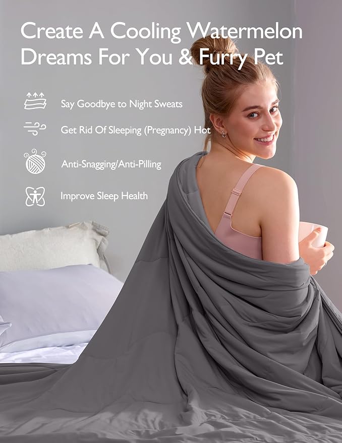 Momcozy Life CoolMurm Cooling Comforter for Hot Sleepers, Full/Queen 90"x90" Hot Flashes Cooling Blanket, All-Season Lightweight Soft Breathable Cooling Quilt Duvet, Stay Cool All Night, Smoky Grey