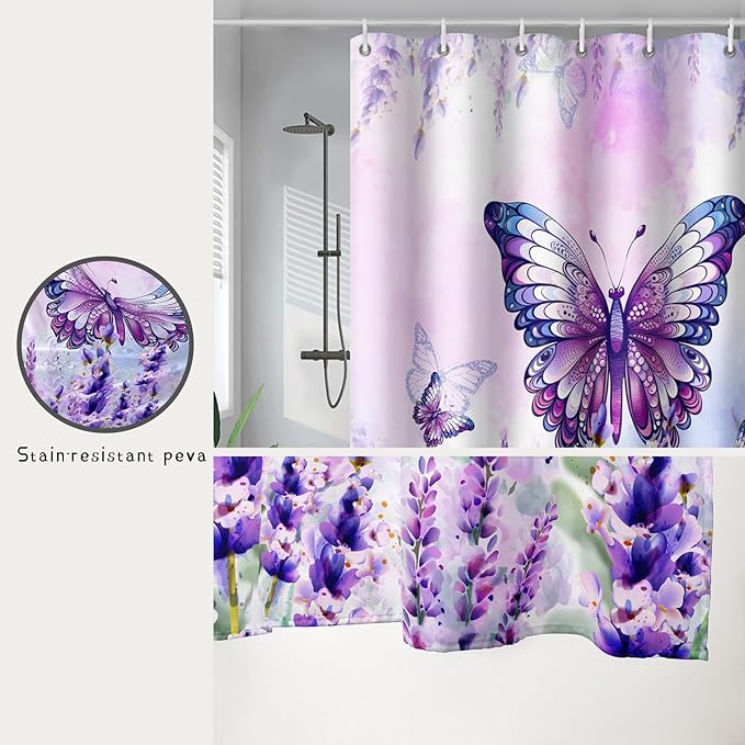 AILONEN Girls Butterfly Shower Curtain for Bathroom,Purple Blooming Lavender Flower Floral Butterfly Printed Bath Curtain 36" W*72" H Polyester Fabric Waterproof Bathroom Curtain with 12 Hooks
