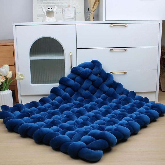 XHJRI Thickened Braided Knot Seat Mat, Knotted Floor Decorative Cushion, Handmade Baby Infant Playing Pad Nursery Rug (27.5 * 31.5 Inch,Navy Blue)