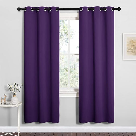 NICETOWN Thermal Insulated Blackout Draperies Curtains, Triple Weave Home Decoration Solid Ring Top Blackout Drape Panels for Bedroom (Set of 2, 34 x 72 inches, Royal Purple)