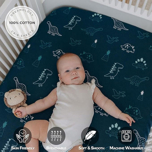 Mini Crib Fitted Sheet, 100% Cotton Knitted Jersey, Pack n Play Sheet, Breathable, Fitted Crib Sheets, Super Soft, Toddler Fitted Sheet,2 Pack,Dino/Denim Blue, 38x24x6