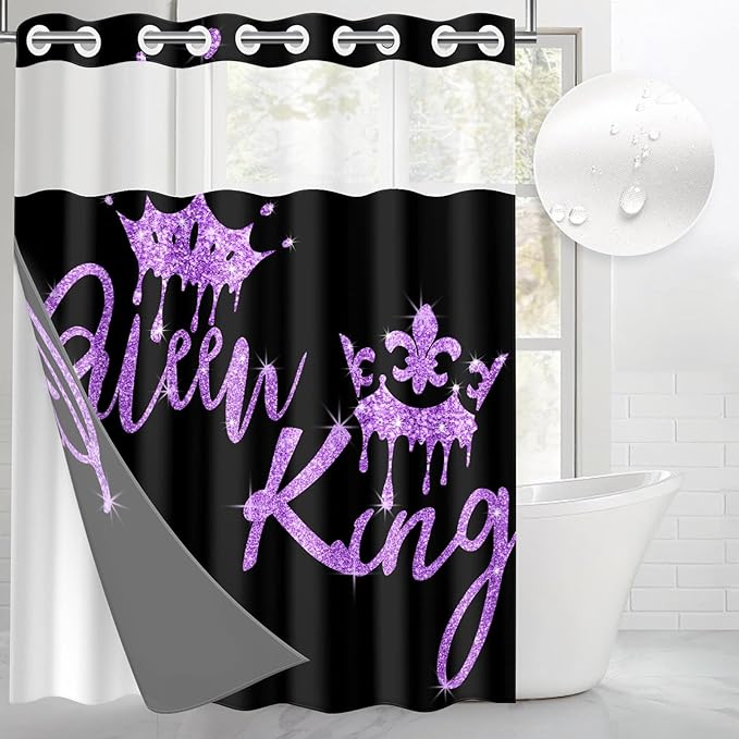 King and Queen No Hook Shower Curtain with Snap in Liner, Black and Purple Glitter Bath Curtain with Double Layers Waterproof Fabric and Mesh Top Window 71x74 Inch