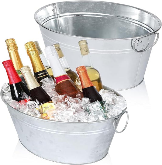 Metal Galvanized Beverage Tub, 2 PCS Large Ice Buckets for Parties, 3.5 Gallons Drinks Champagne Beverage Tub for Cocktail Bar, Wine, Beer, Soda