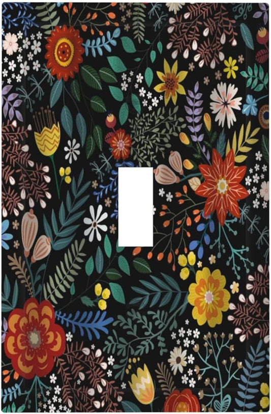 Vintage Colorful Flower Boho Floral Rustic Dark Leaves 1 Gang Light Switch Covers Single Toggle Wall Plate Decorative Switchcover Electrical Switchplate for Farmhouse Country Bedroom Decor