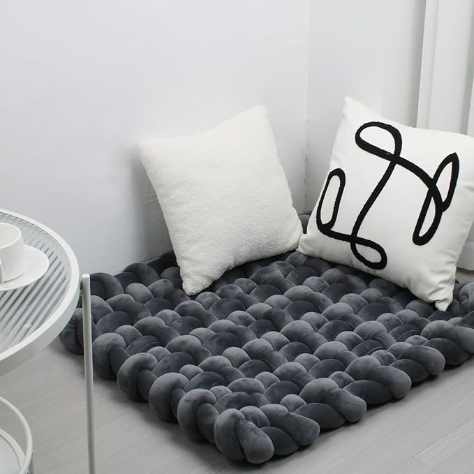 XHJRI Thickened Braided Knot Seat Mat, Knotted Floor Decorative Cushion, Handmade Baby Infant Playing Pad Nursery Rug (27.5 * 31.5 Inch,Dark Grey)