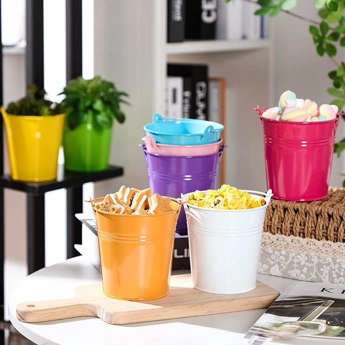 Therwen 24 Pieces Small Metal Buckets with Handle Colored Galvanized Bucket Round Metal Pail for Kids Classroom Candy Crafts,Utensils, Vase Party Favor(4.13 Inch,with Handle)