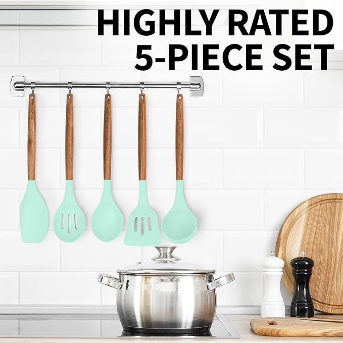 Zulay Non-Stick Silicone Cooking Utensils Set with Authentic Acacia Wood Handles - 5 Piece Silicone Kitchen Utensils Set (Aqua)