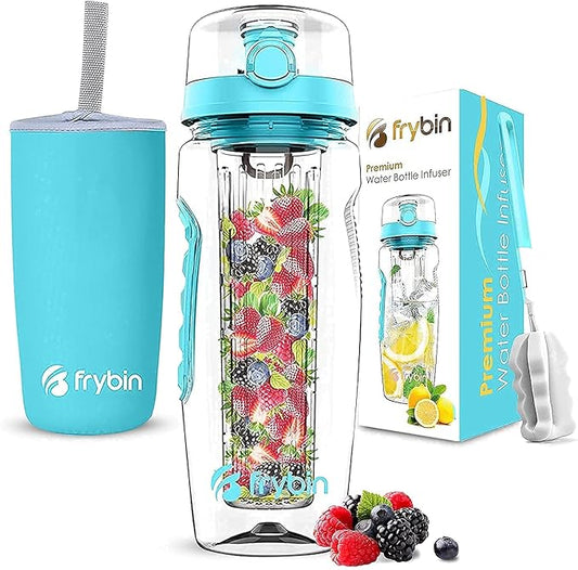 Fruit Infuser Water Bottle | Removable Infusion Basket for Flavor | Bonus Brush and Sleeve for Freshness | Made of Durable TRITAN Plastic | BPA Free Water Infuser Bottle, 32 Ounce (Aqua Blue)