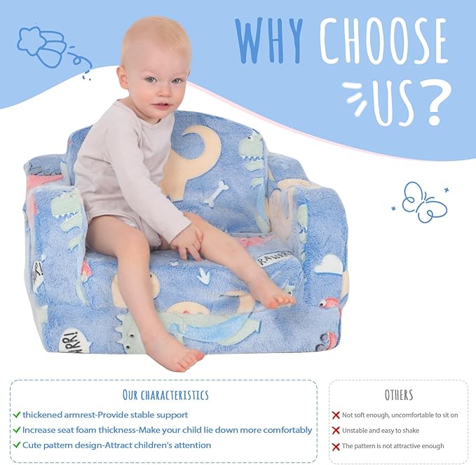 Thick Comfy Toddler Chair and Couch for Kids,2-in-1 Soft Plush Fold Out Sofa for Children,Convertible Couch to Lounger for Toddler