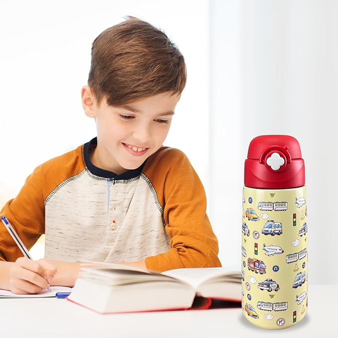Kids Insulated Water Bottle with Covered Pop-Up Straw,16oz Kids Cups with Stainless Steel Leak Proof for School Boys Girls(Vehicle)