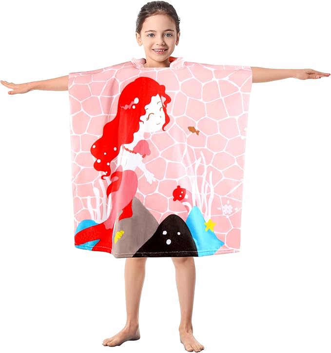 Kids Pink Mermaid Hooded Beach Towel Girls Cute Poncho Pool Towels with Hood 29*59" Soft Microfiber Swim Cover-ups for Kids Ages 3-10 Thick Absorbent Cotton Hooded Bath Towel Wrap Bathrobe