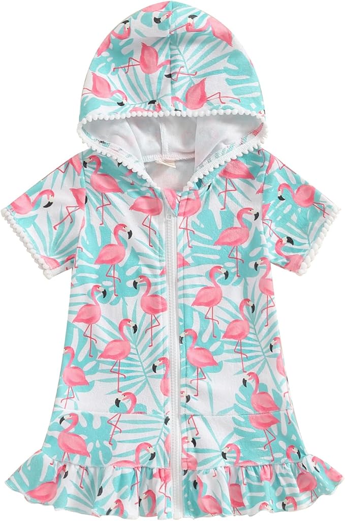 Toddler Beach Towel with Hood Kids Waffle Swim Cover Up Bath Towel Surf Poncho Boys Girls Hooded Beach Towel (Green Flamingo, 5-6 Years)