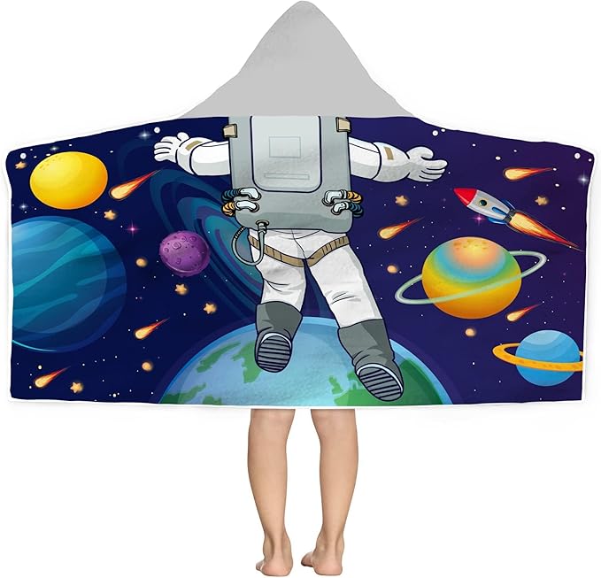 Kids Beach Towel, Kids Bath Towels with Hood, Outer Space Theme Hooded Towel for Boys Girls 30"x50", Cool Kids Towel Gifts Cartoon Microfiber Soft Bath Towel Poncho Bathrobe Wrap Robe for Swin Pool
