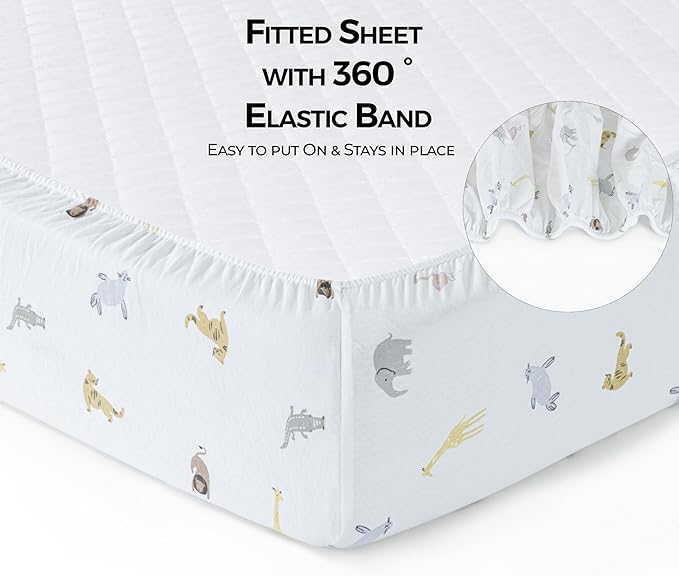 Mini Crib Fitted Sheet, 100% Cotton Knitted Jersey, Pack n Play Sheet, Breathable, Fitted Crib Sheets, Super Soft, Toddler Fitted Sheet,2 Pack,Sky Blue/Animals, 38x24x6